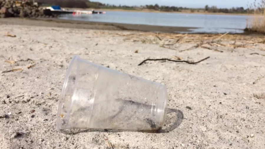 Plastikglas på stranden