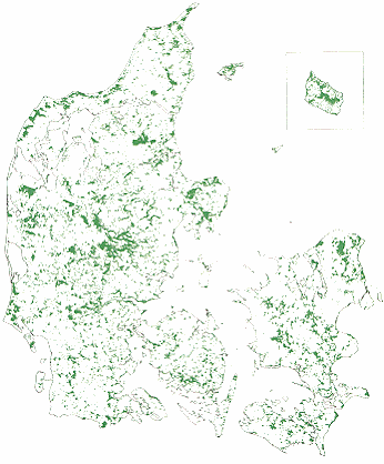 Danmarks kort med markering af skove.