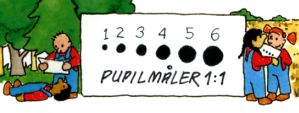 Her er en pupilmåler. Prikkerne er pupiller i forskelligt lys. De små er meget lys og de store er lidt lys. Tegning: Bettina Reimar. Pupilmåleren.