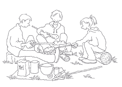 Lejrtur med mad over bål. Tegning: Eva Wulff.