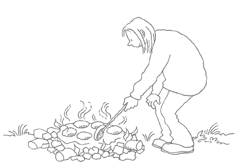 Barkbrød kan bages som flade brød på en bålvarm sten. Tegning: Eva Wulff.