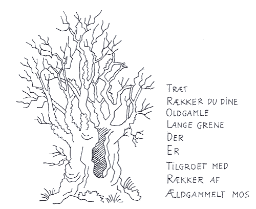 Lodret trædigt. Tegning: Eva Wulff. Skriv et digt til et træ.