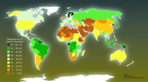 Verdenskort, hvor farvekoder viser hvor stor en del af et land, der er dækket af skov. se farvekoder i artiklen